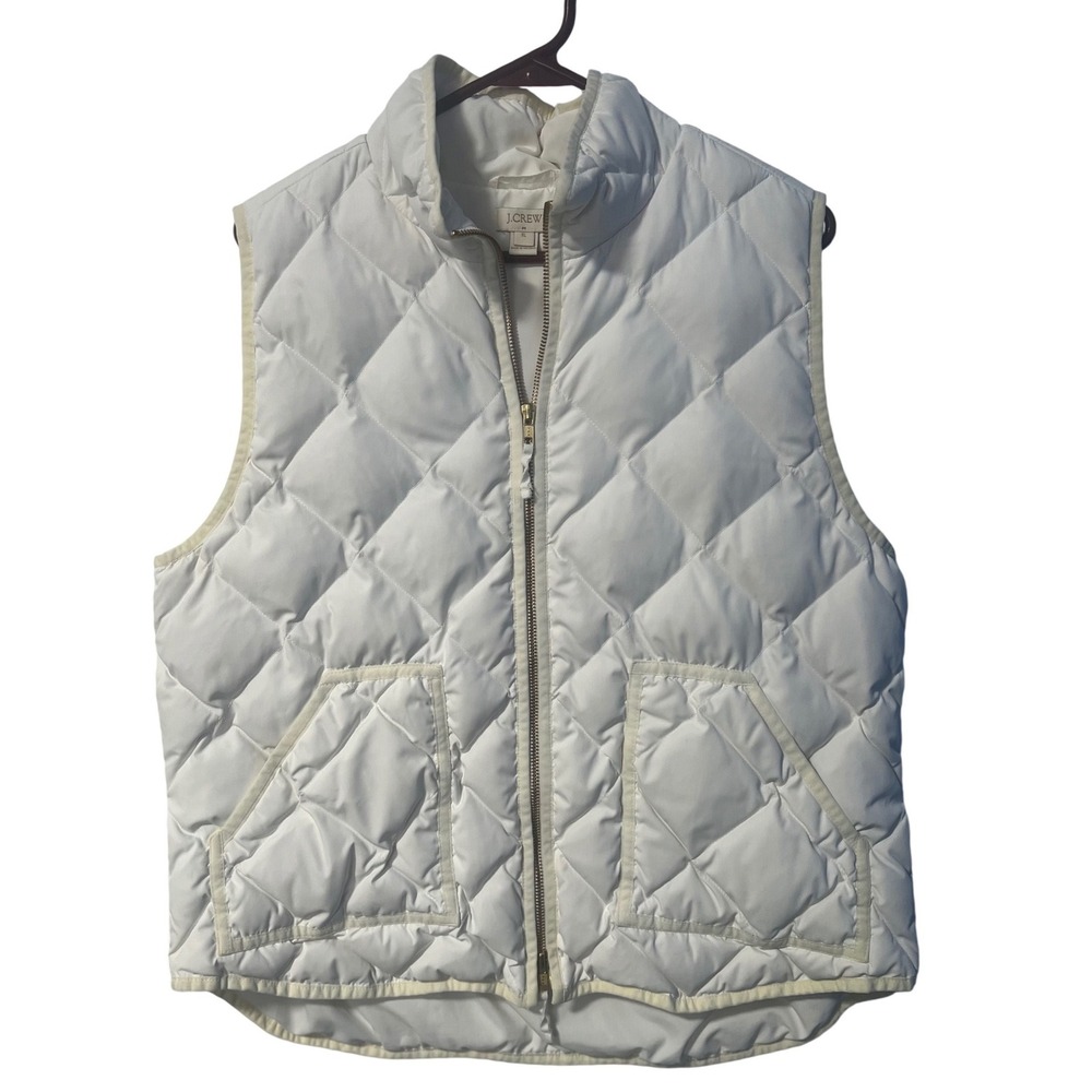 J.Crew Womens White Excursion Quilted Down Puffer Vest XL 92465‎ Gold Zip